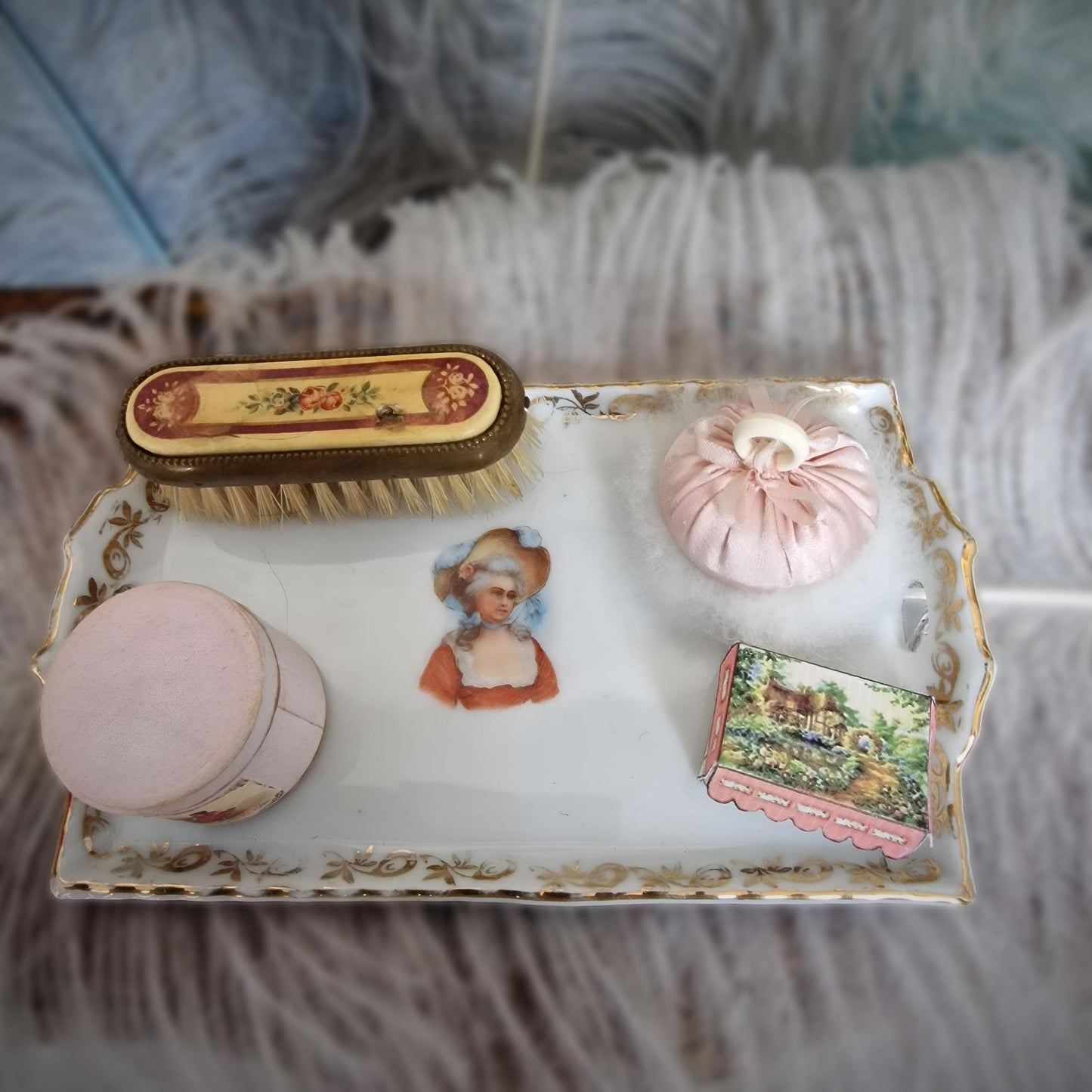 Antique Miniature Doll Tray – Likely German, with Ornate Gold Detailing