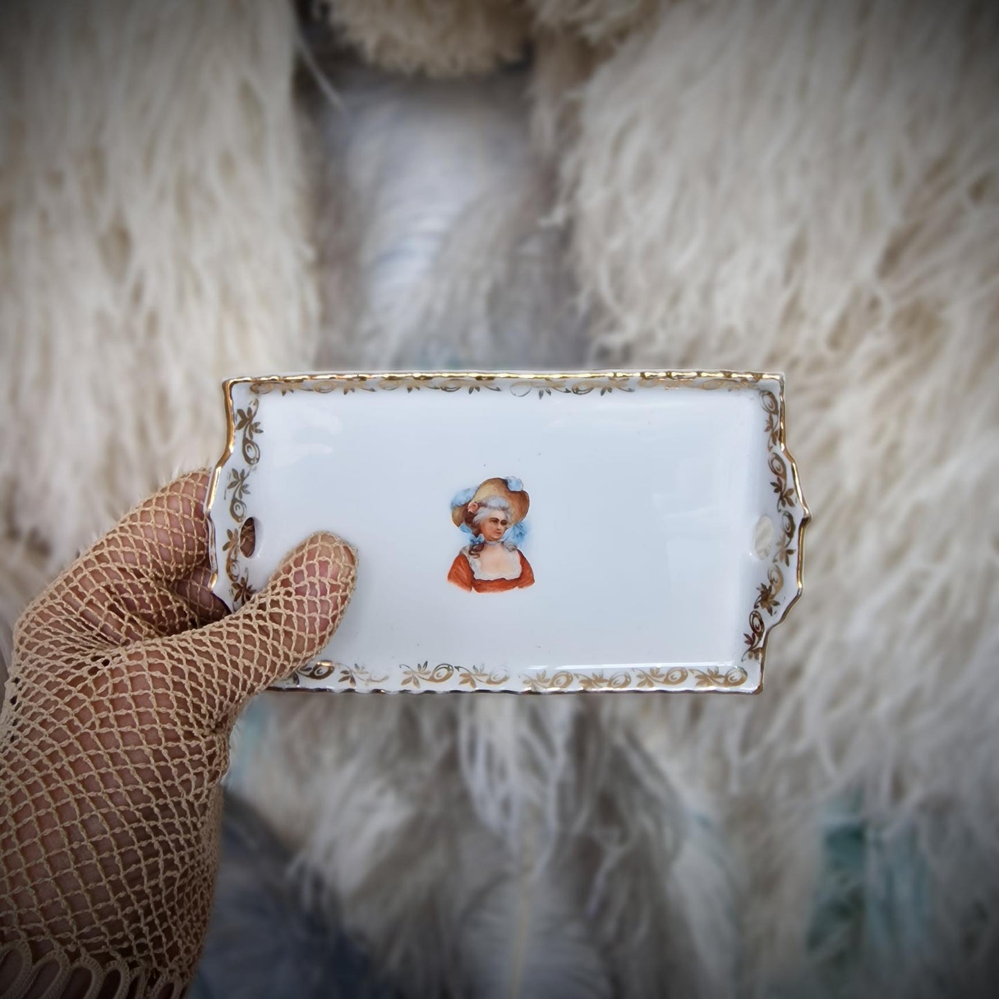 Antique Miniature Doll Tray – Likely German, with Ornate Gold Detailing