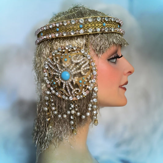 Antique Gold Filigree Headdress – Late 1800s, Pearl & Turquoise Adornments