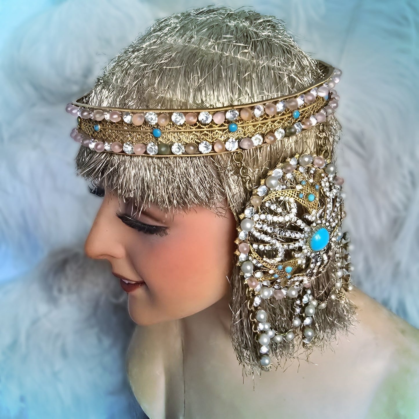 Antique Gold Filigree Headdress – Late 1800s, Pearl & Turquoise Adornments