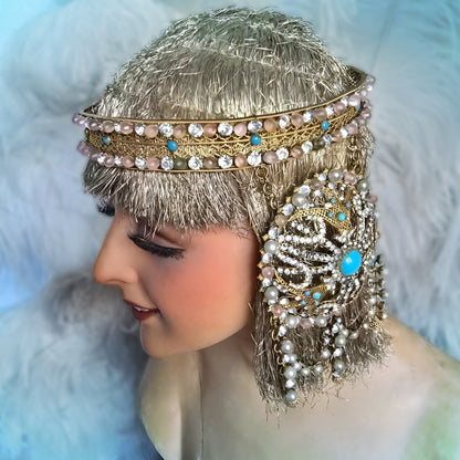 Antique Gold Filigree Headdress – Late 1800s, Pearl & Turquoise Adornments