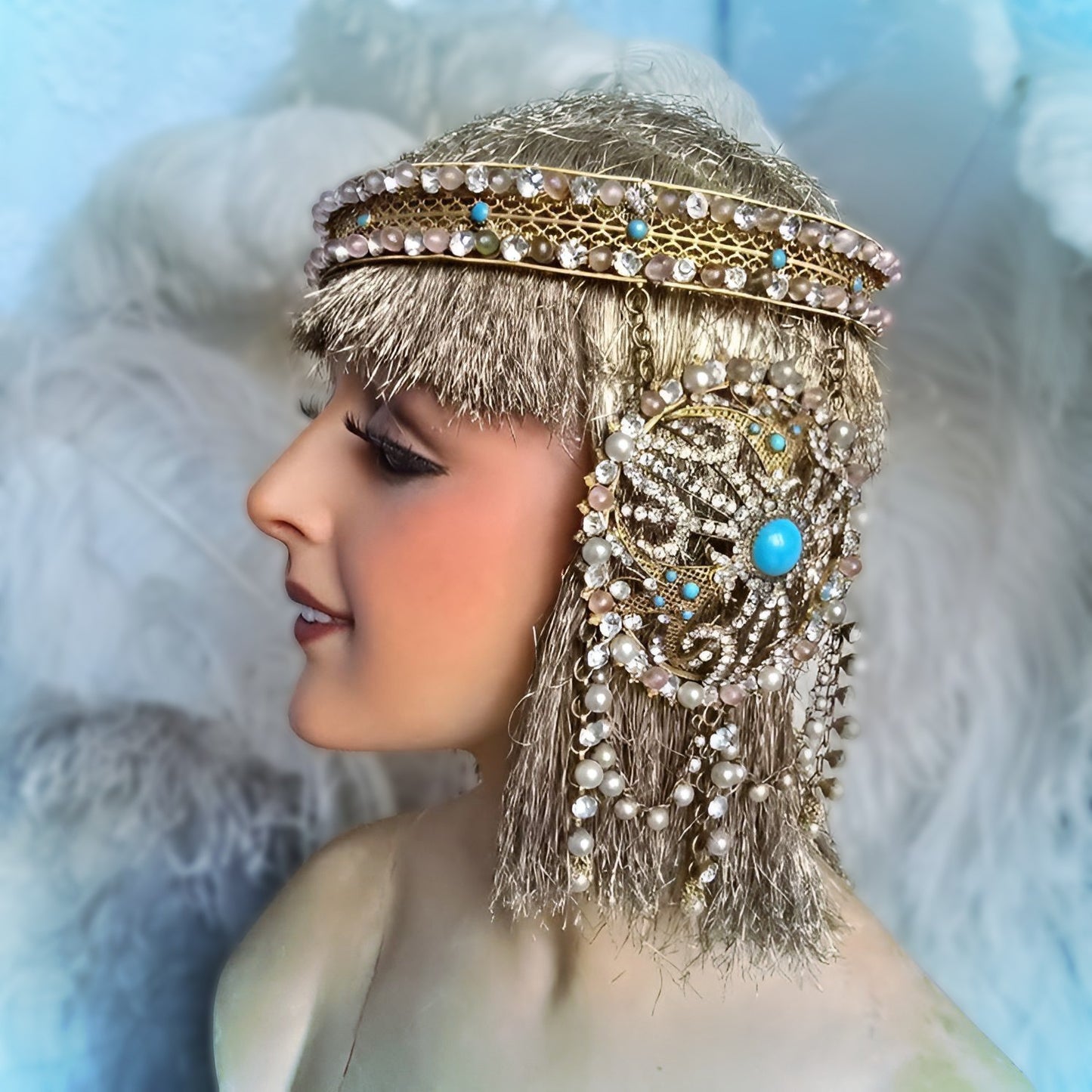 Antique Gold Filigree Headdress – Late 1800s, Pearl & Turquoise Adornments