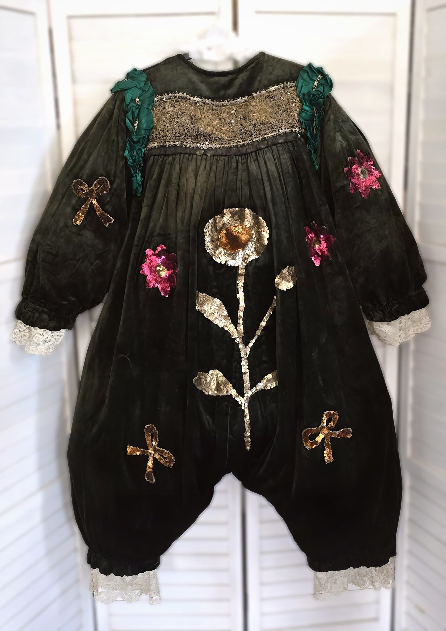 Antique French Clown/Pierrot Costume, c. 1900 • Velvet, Sequins, Florals & Lace
