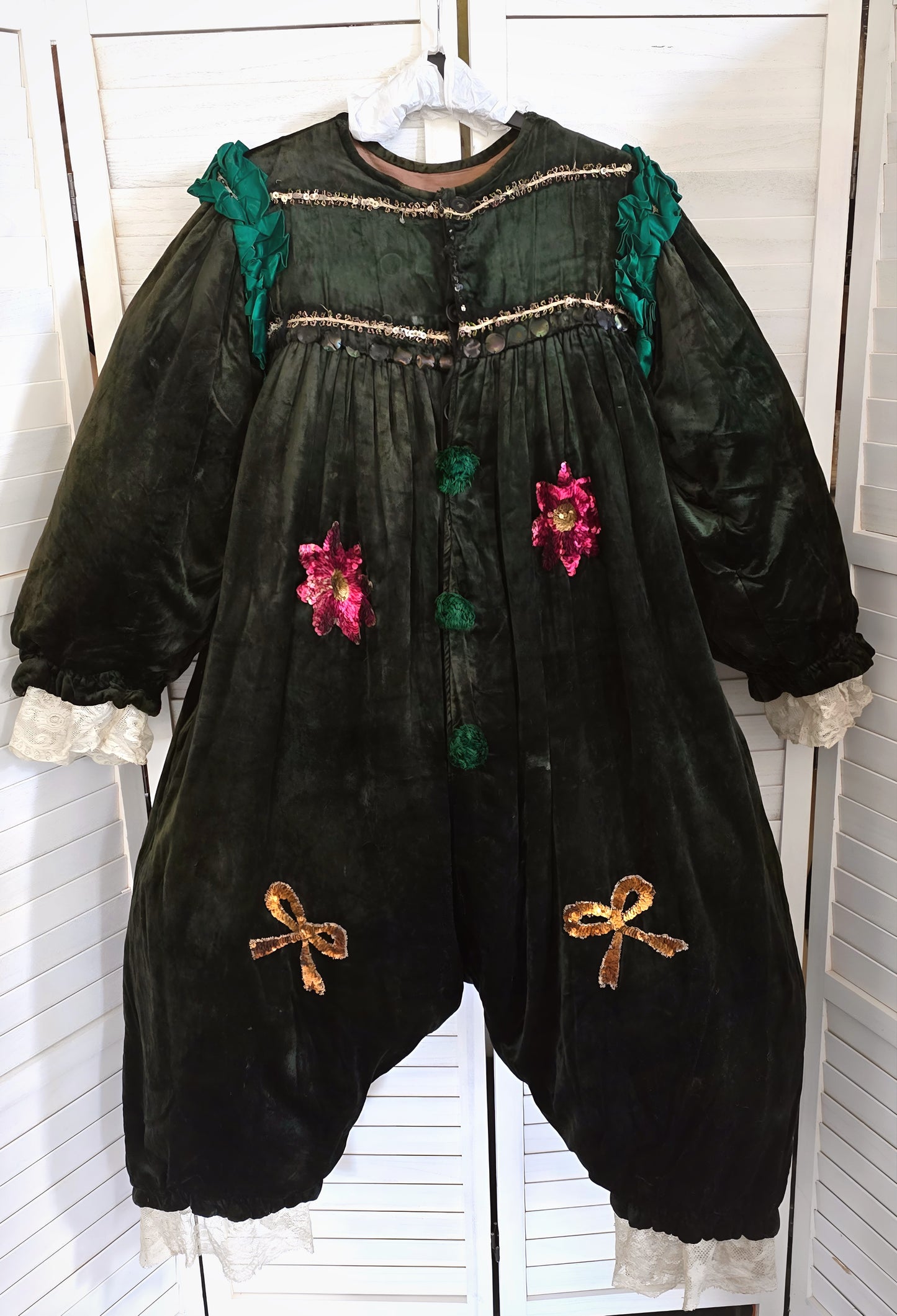 Antique French Clown/Pierrot Costume, c. 1900 • Velvet, Sequins, Florals & Lace