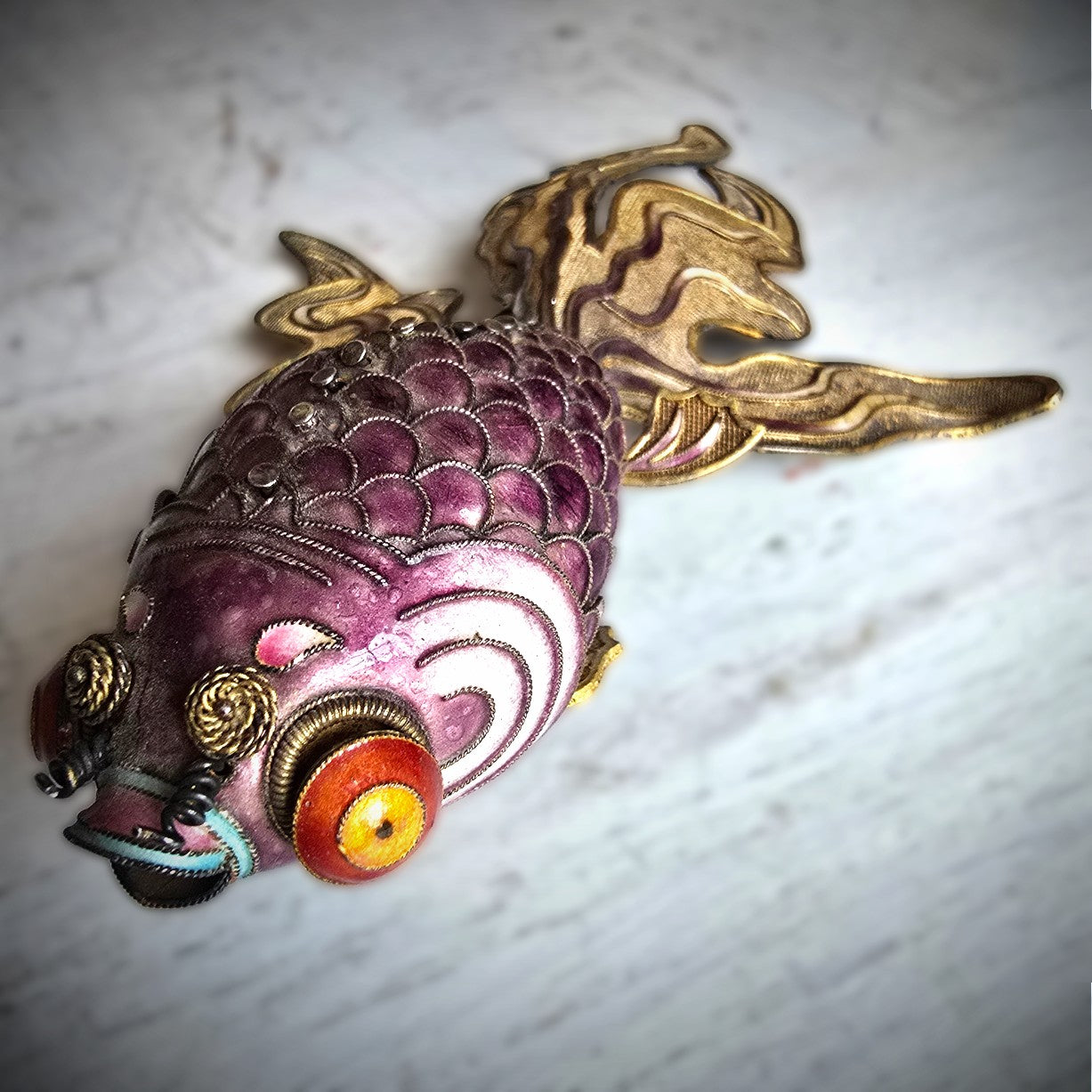 Antique Chinese Enamel and Silver Koi Fish Brooch