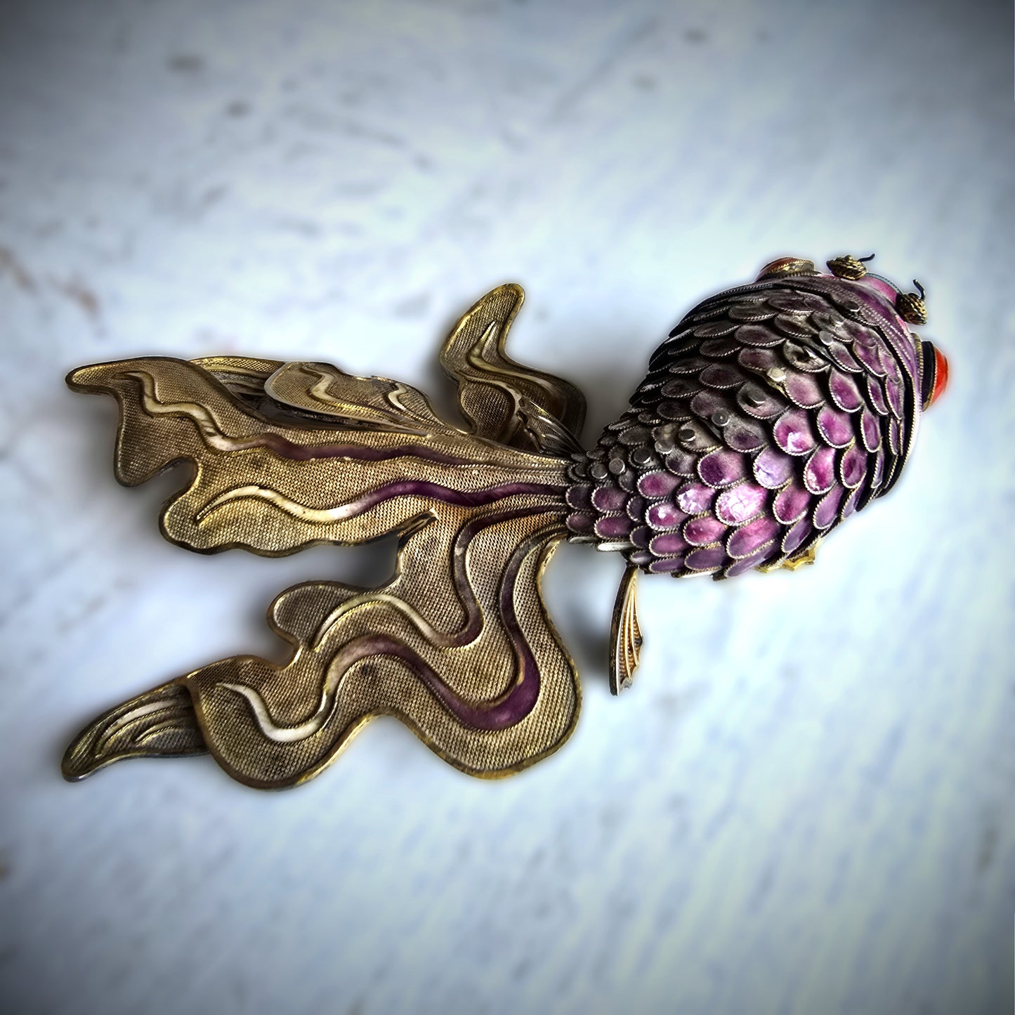 Antique Chinese Enamel and Silver Koi Fish Brooch