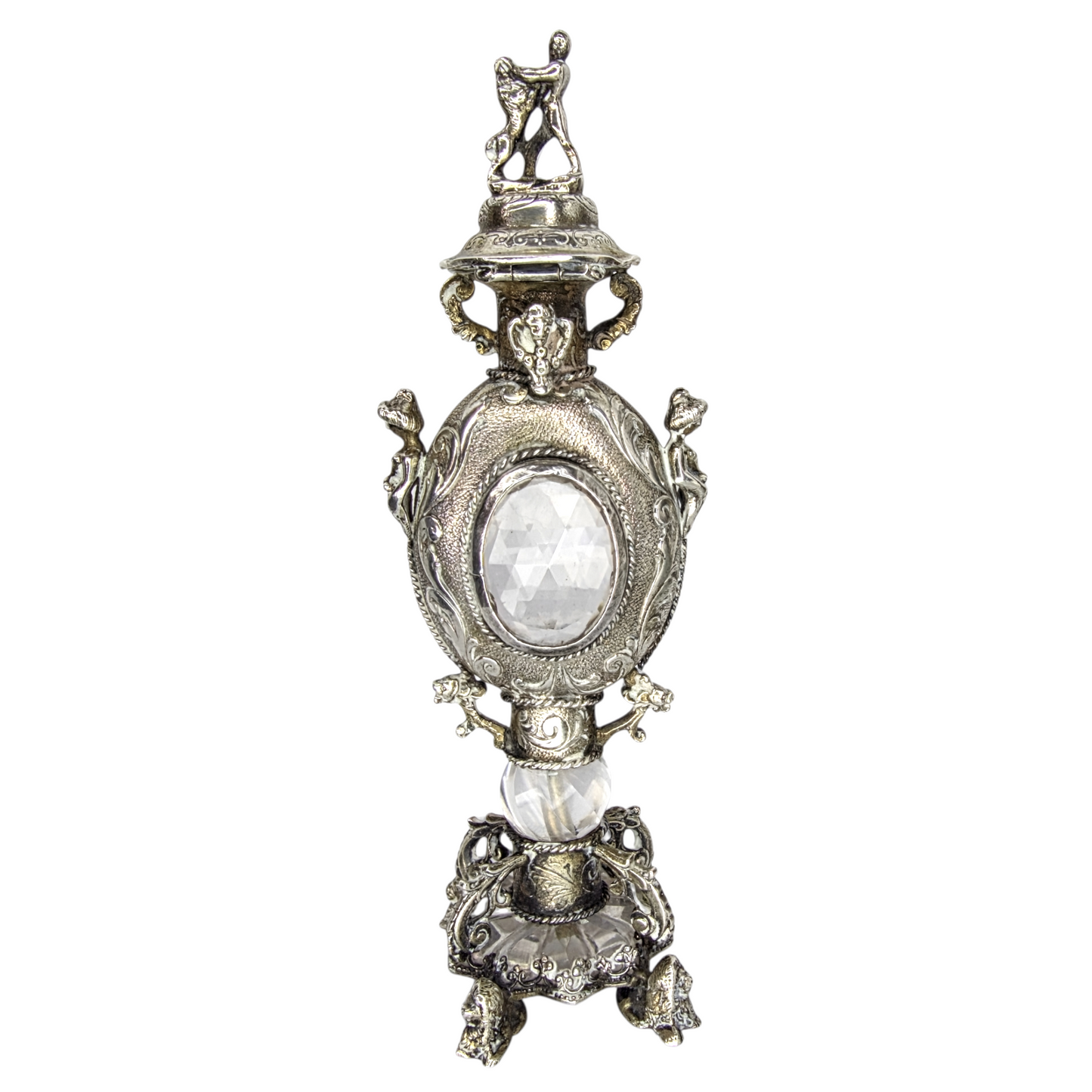 Rare Antique European Silver Perfume / Vinaigrette Bottle with Rock Crystal Windows