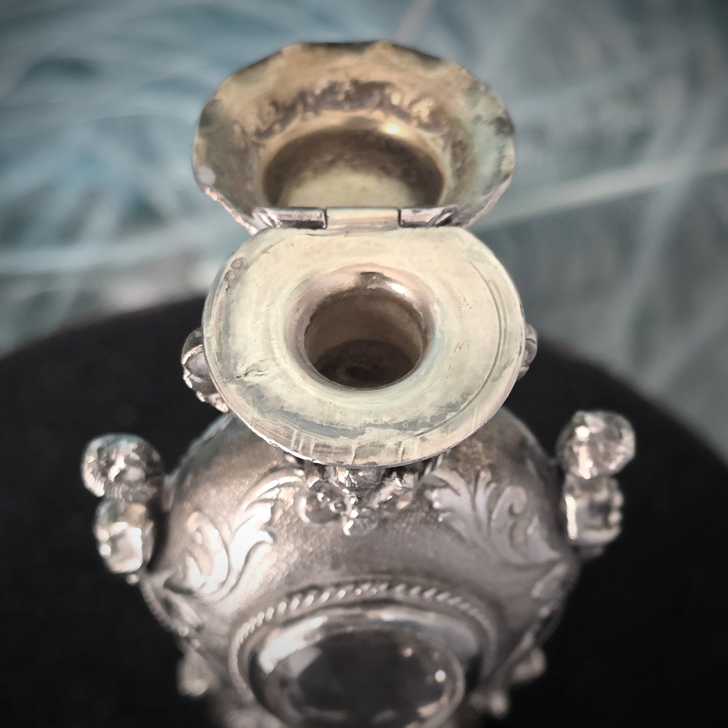 Rare Antique European Silver Perfume / Vinaigrette Bottle with Rock Crystal Windows