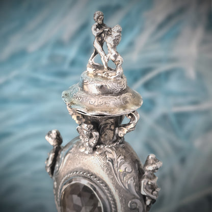 Rare Antique European Silver Perfume / Vinaigrette Bottle with Rock Crystal Windows