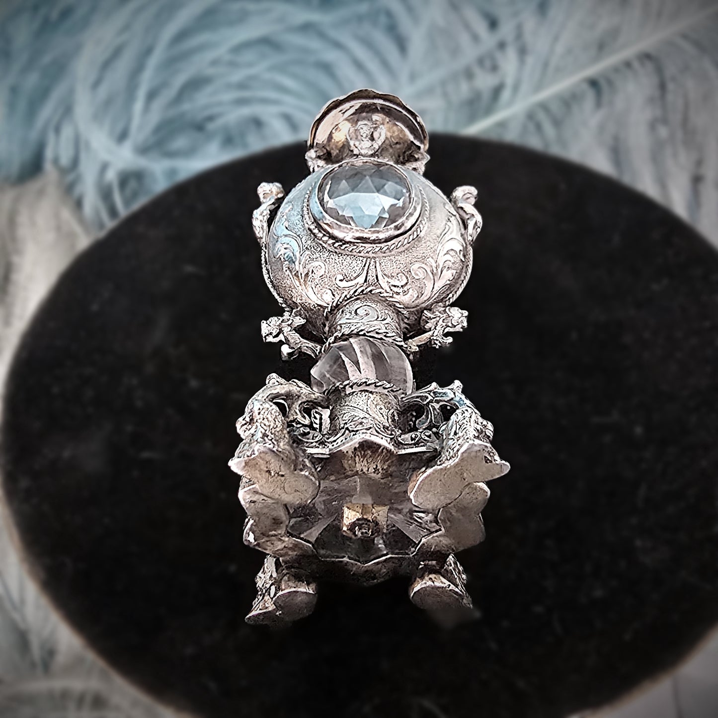 Rare Antique European Silver Perfume / Vinaigrette Bottle with Rock Crystal Windows