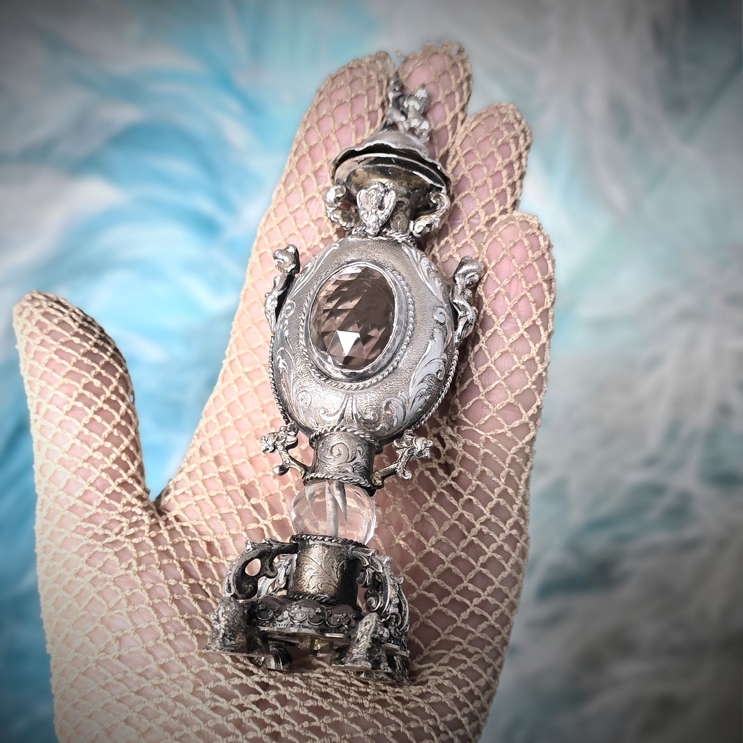 Rare Antique European Silver Perfume / Vinaigrette Bottle with Rock Crystal Windows