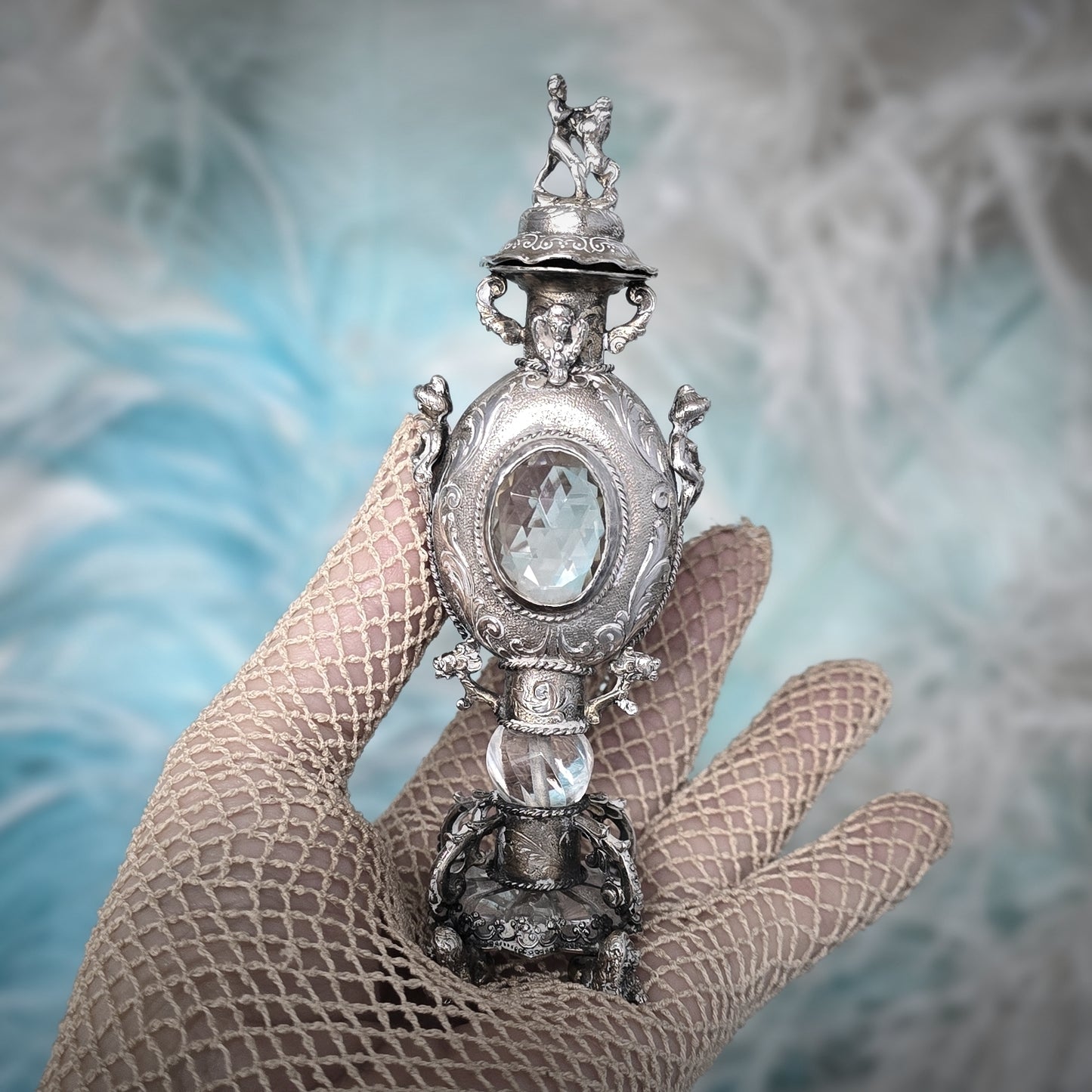 Rare Antique European Silver Perfume / Vinaigrette Bottle with Rock Crystal Windows