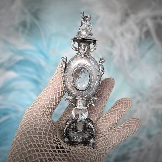 Rare Antique European Silver Perfume / Vinaigrette Bottle with Rock Crystal Windows