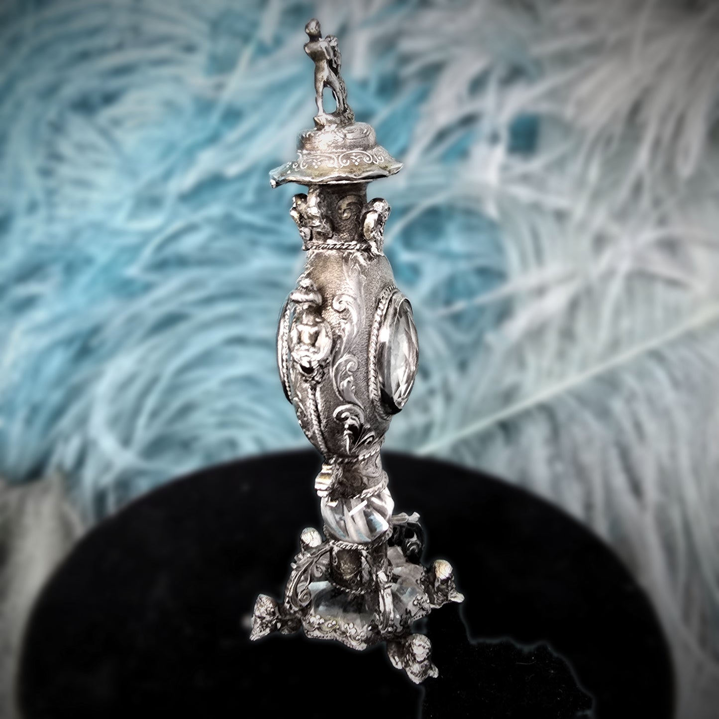 Rare Antique European Silver Perfume / Vinaigrette Bottle with Rock Crystal Windows