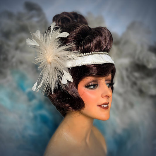 Vintage French Theater Wig with Rhinestones & Feathers – c. 1960s