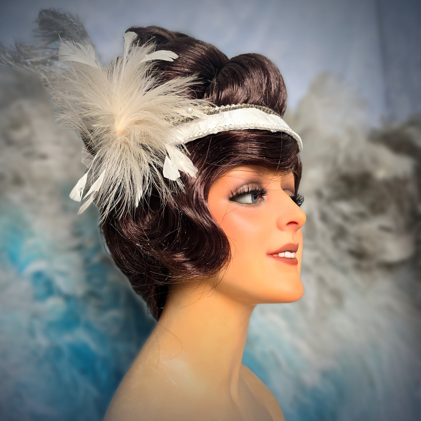 Vintage French Theater Wig with Rhinestones & Feathers – c. 1960s