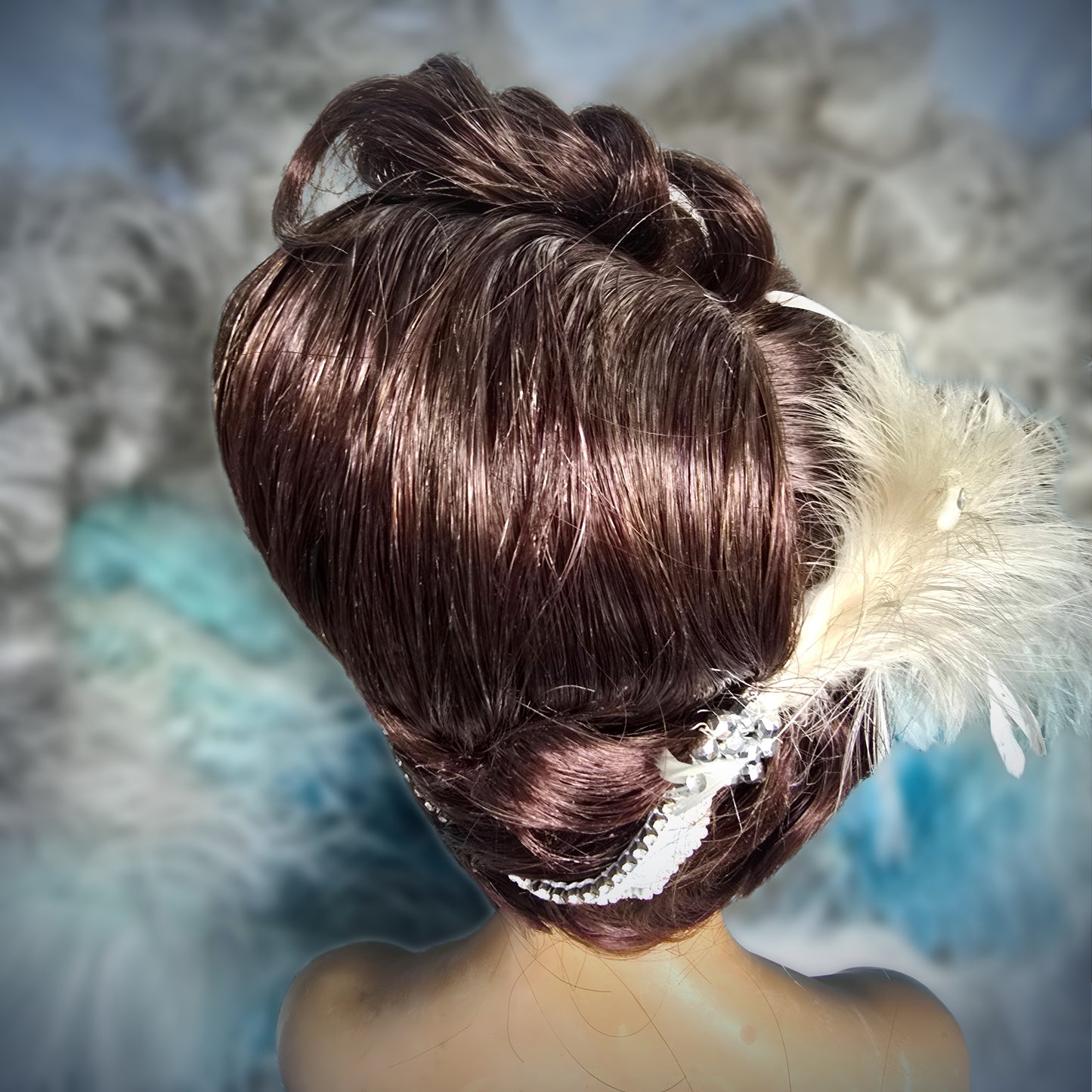 Vintage French Theater Wig with Rhinestones & Feathers – c. 1960s