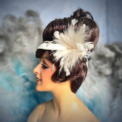 Vintage French Theater Wig with Rhinestones & Feathers – c. 1960s