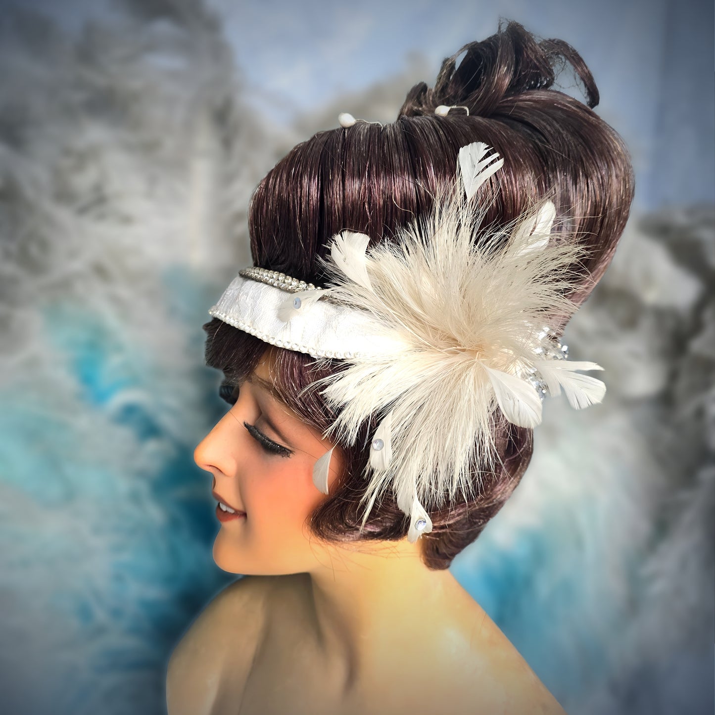Vintage French Theater Wig with Rhinestones & Feathers – c. 1960s