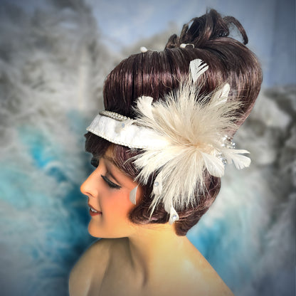 Vintage French Theater Wig with Rhinestones & Feathers – c. 1960s