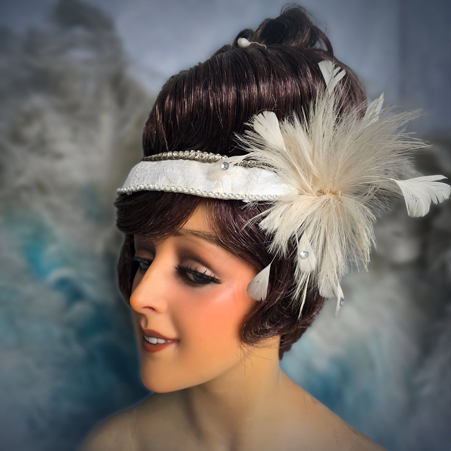 Vintage French Theater Wig with Rhinestones & Feathers – c. 1960s
