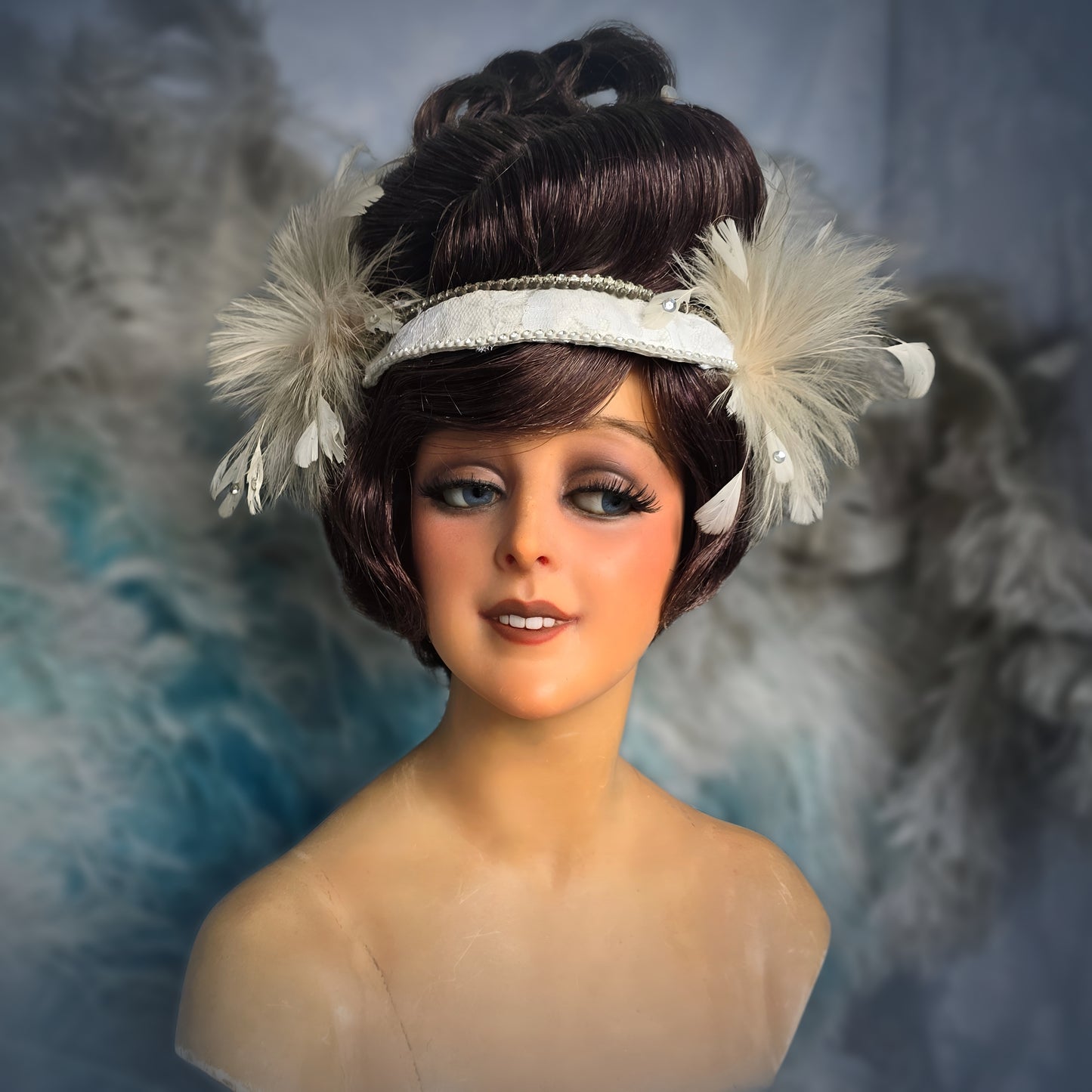 Vintage French Theater Wig with Rhinestones & Feathers – c. 1960s