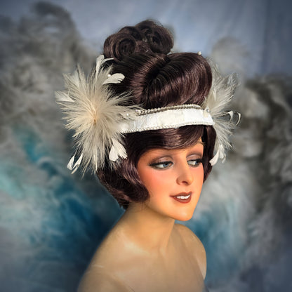 Vintage French Theater Wig with Rhinestones & Feathers – c. 1960s