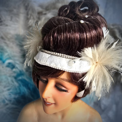 Vintage French Theater Wig with Rhinestones & Feathers – c. 1960s