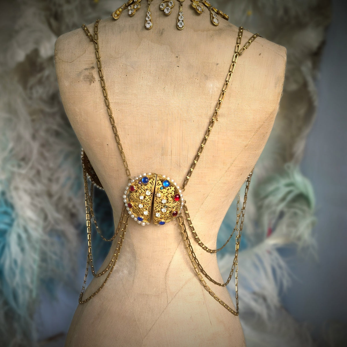 Exceptional 1880s French Theatrical Stage Bra – Complete Belle Époque Jeweled Costume