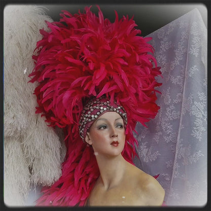 Vintage French Folies Bergère Headdress with Feathers and Rhinestones
