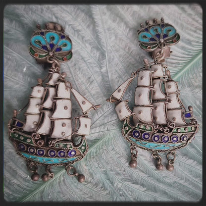 Antique Silver Galleon Ship Earrings