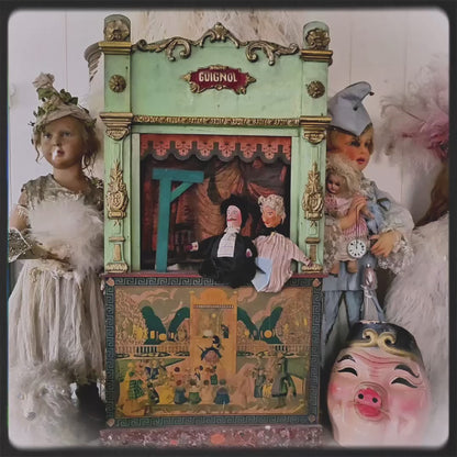19th C. Guignol Theater with 2 Puppets Large