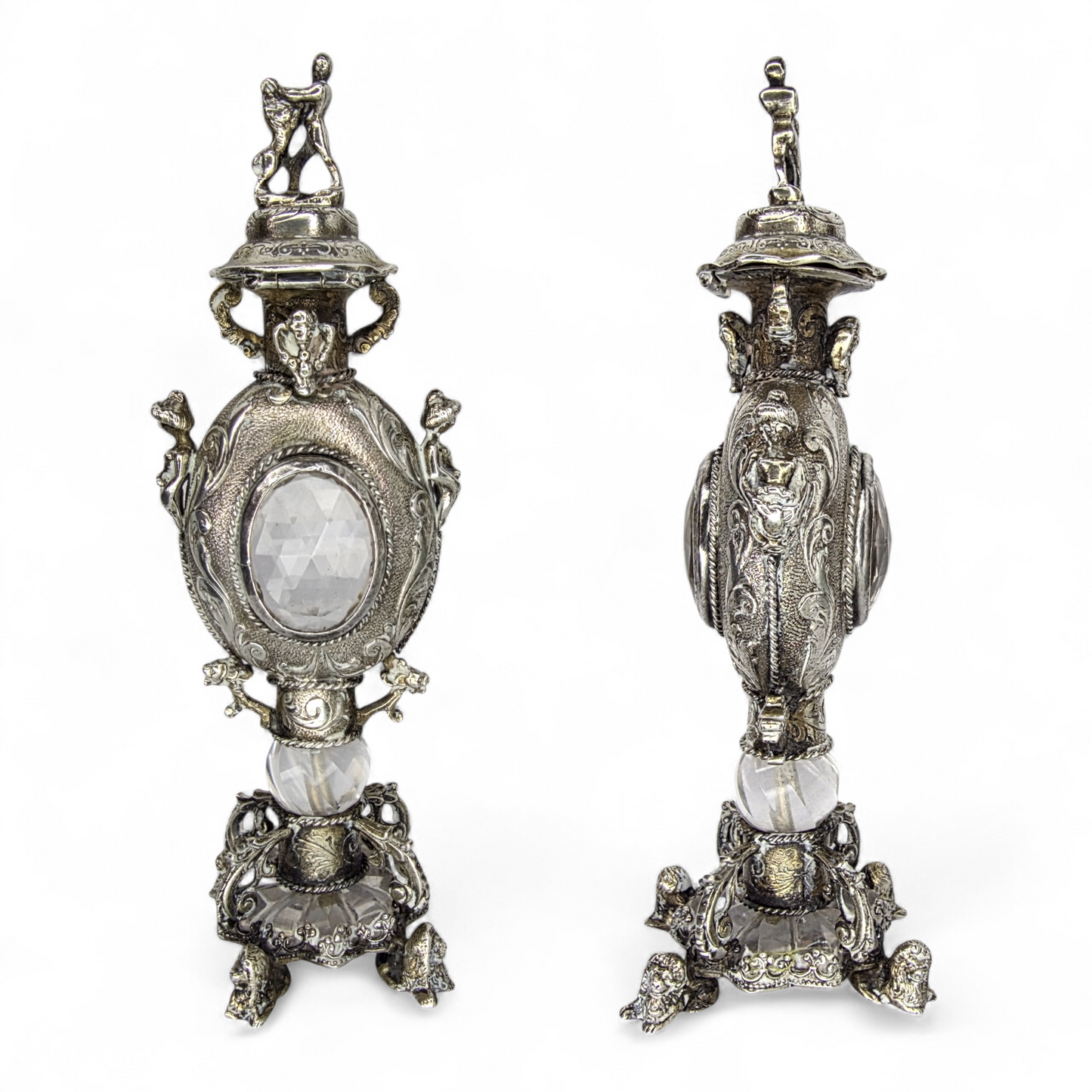 Rare Antique European Silver Perfume / Vinaigrette Bottle with Rock Crystal Windows